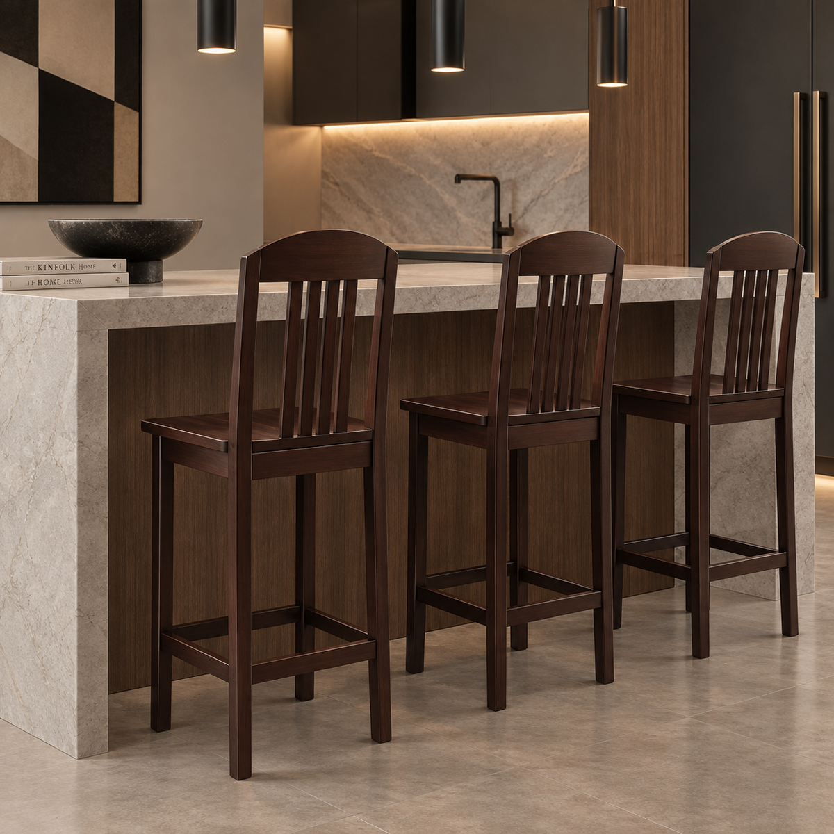 Three dark wood bar stools with tall vertical slat backrests, wooden seats, straight legs, and rectangular footrests beside a kitchen island.