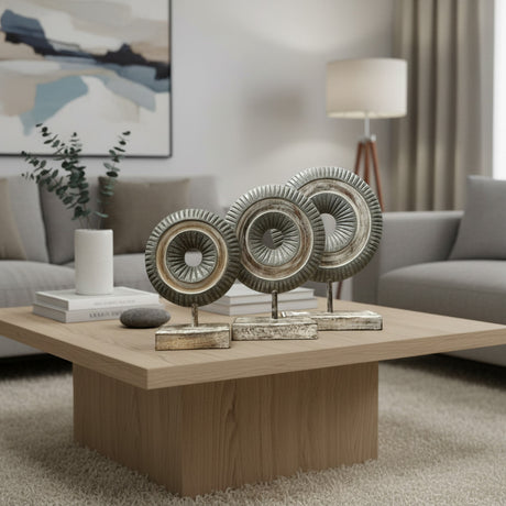 Set of three decorative wooden ring sculptures mounted on matching stands, featuring carved radial detailing in distressed natural wood tones. These contemporary tabletop accents add texture and elegance to modern, Scandinavian, rustic, and contemporary home interiors.