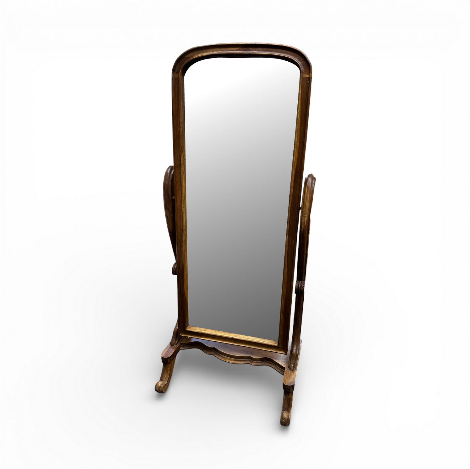 Distressed whitewashed freestanding cheval floor mirror featuring a gracefully arched wooden frame, decorative carved base, and adjustable tilt mechanism. This elegant full-length dressing mirror brings timeless vintage charm to bedrooms, dressing rooms, walk-in wardrobes, and living spaces while complementing farmhouse, French country, coastal, rustic, and luxury interiors.