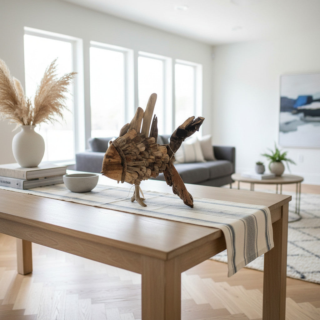 Handcrafted driftwood fish sculpture made from reclaimed natural wood with a weathered finish and layered detailing. A rustic coastal décor piece that brings organic texture and artisan craftsmanship to dining tables, consoles, shelves, and modern living spaces.