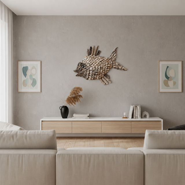 Handcrafted driftwood fish wall art made from natural reclaimed wood in soft beige and weathered grey tones. This rustic coastal décor piece adds texture and organic charm to living rooms, beach homes, bedrooms, and modern interiors.