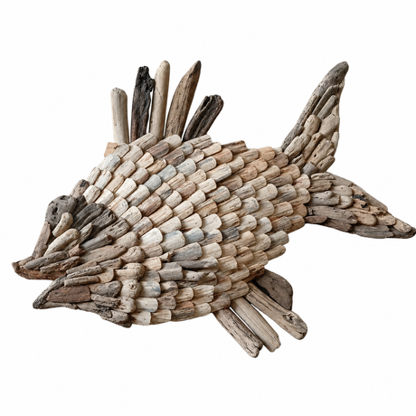 Handcrafted driftwood fish wall art made from reclaimed natural wood in soft beige, grey, and weathered brown tones. This rustic coastal wall sculpture brings organic texture, artisan craftsmanship, and seaside charm to living rooms, beach homes, bedrooms, and contemporary interiors.