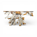 Handcrafted driftwood root console table featuring a sculptural natural wood root base with a live-edge rectangular tabletop, showcasing the organic grain and intricate root formations against a white background.