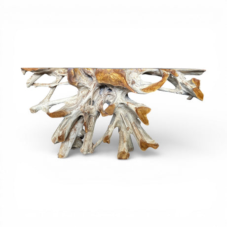 Handcrafted driftwood root console table featuring a sculptural natural wood root base with a live-edge rectangular tabletop, showcasing the organic grain and intricate root formations against a white background.