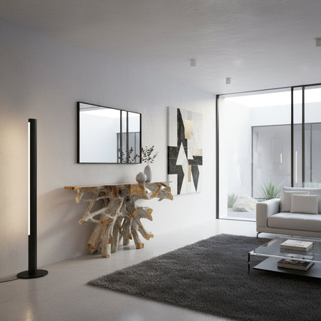 Handcrafted driftwood root console table featuring an organic sculptural natural wood base with a solid rectangular tabletop, styled with minimalist ceramic décor in a contemporary interior.