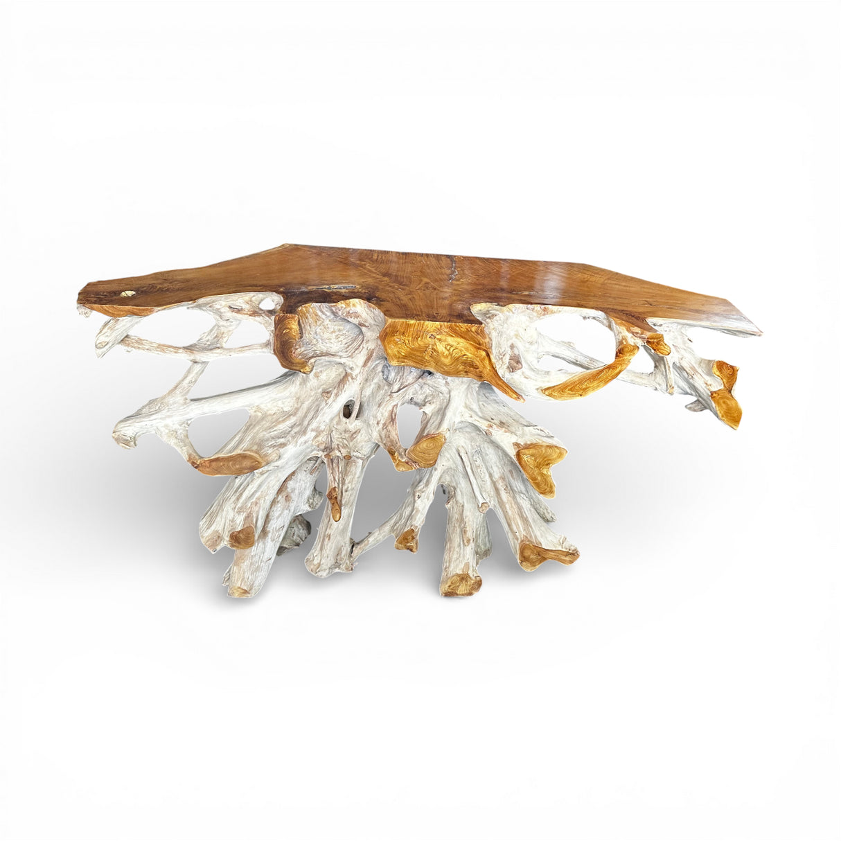 Handcrafted driftwood root console table featuring a sculptural natural wood root base with a live-edge rectangular tabletop, showcasing the organic grain and intricate root formations against a white background.