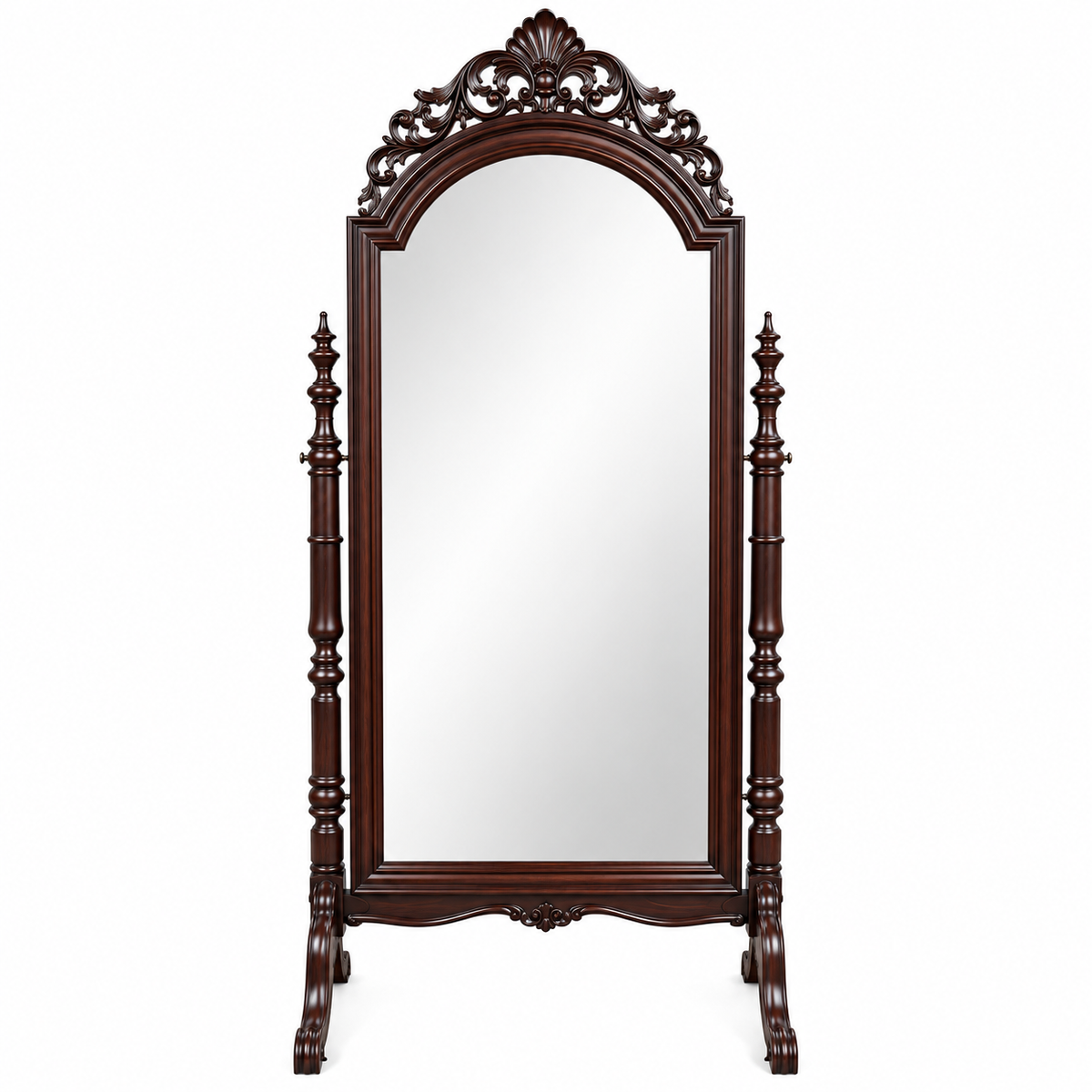 Victorian Ornate Freestanding Cheval Mirror – Dark Mahogany