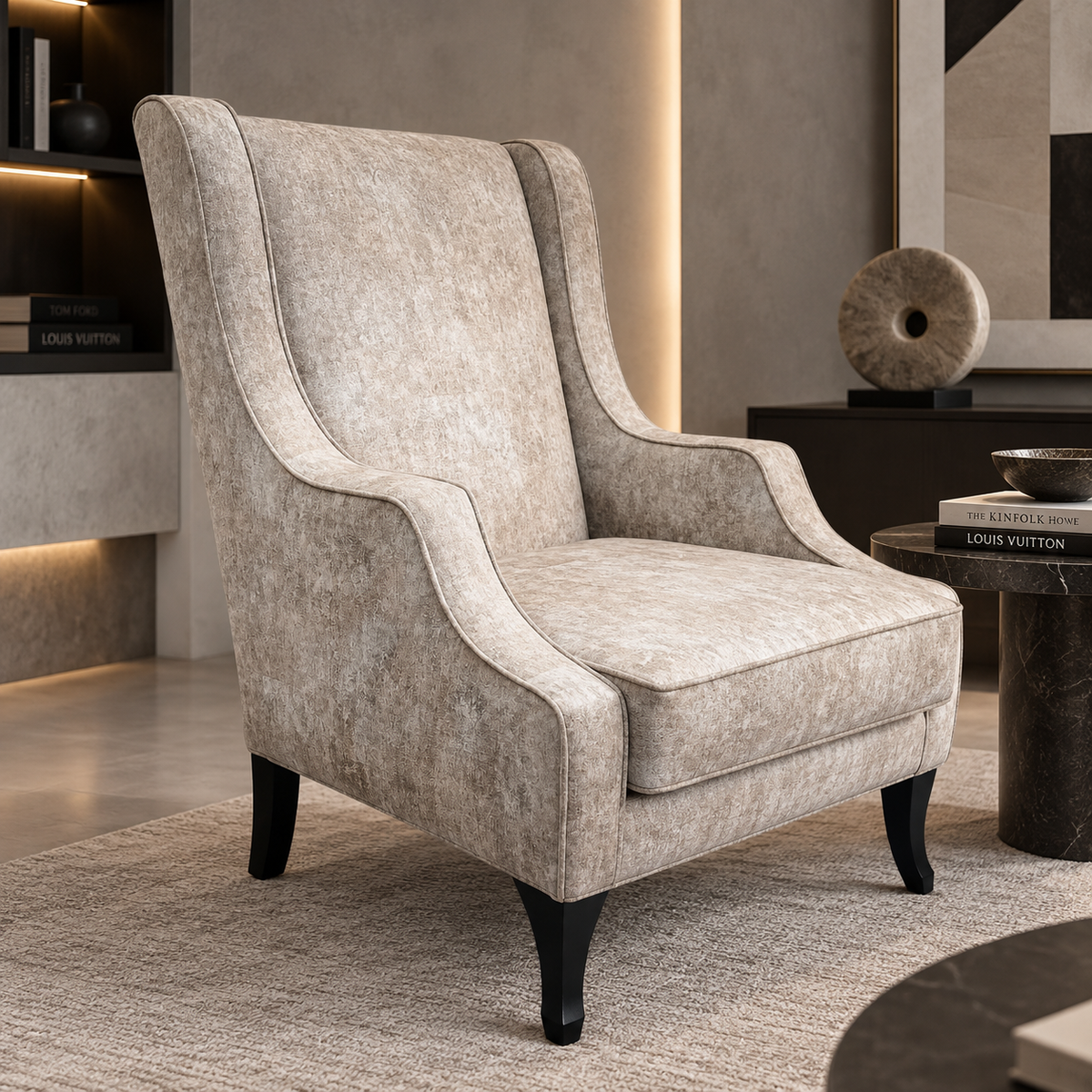 A high-back wingback armchair upholstered in textured light beige fabric with black legs, shown in a modern styled interior setting.
