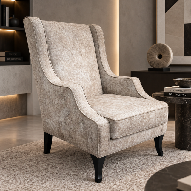 A high-back wingback armchair upholstered in textured light beige fabric with black legs, shown in a modern styled interior setting.