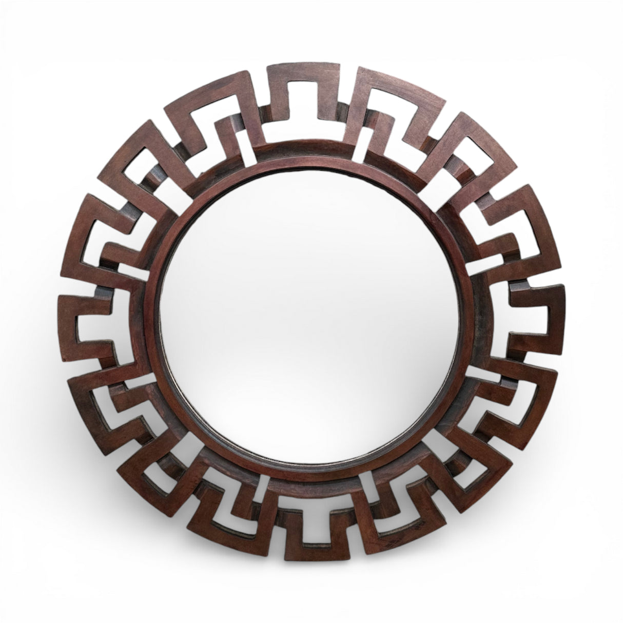 Round decorative wall mirror featuring a rich espresso wood-finish geometric frame with a bold Greek key-inspired design, creating a sophisticated contemporary focal point for any room.