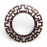 Round decorative wall mirror featuring a rich espresso wood-finish geometric frame with a bold Greek key-inspired design, creating a sophisticated contemporary focal point for any room.