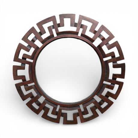 Round decorative wall mirror featuring a rich espresso wood-finish geometric frame with a bold Greek key-inspired design, creating a sophisticated contemporary focal point for any room.