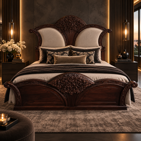 An ornate dark wood bed with a carved footboard and upholstered headboard panels, styled in a luxurious bedroom setting with matching nightstands, lamps, and decorative pillows.