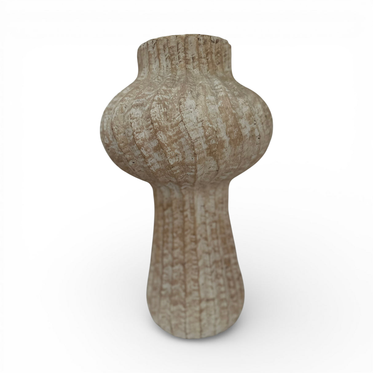 Fluted stoneware sculptural vase with a textured natural beige finish, featuring a rounded bulb-shaped body, narrow cylindrical neck, and vertical ribbed detailing. A timeless decorative accent perfect for styling shelves, consoles, coffee tables, or modern interiors.