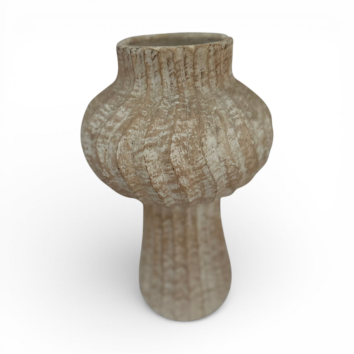 Fluted stoneware sculptural vase with a textured natural beige finish, featuring a rounded bulb-shaped body, narrow cylindrical neck, and vertical ribbed detailing. A timeless decorative accent perfect for styling shelves, consoles, coffee tables, or modern interiors.