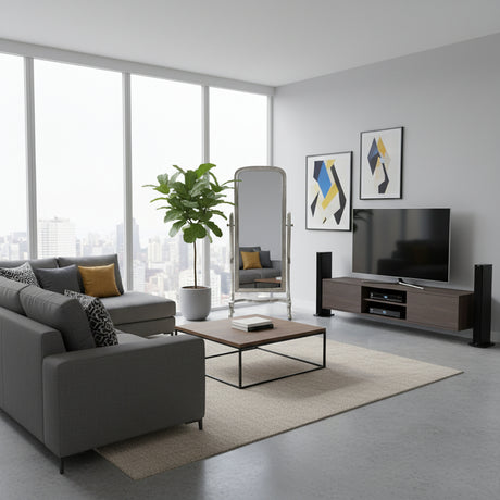 Full-length freestanding floor mirror with a slim metal frame and adjustable stand, perfect for bedrooms, dressing rooms, walk-in closets, and living spaces. This contemporary mirror enhances natural light while complementing modern, Scandinavian, minimalist, and luxury interiors.