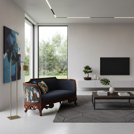 Elegant two-seater loveseat featuring a hand-carved dark wood frame, deep navy upholstery, and decorative side panels with classical art-inspired prints. A sophisticated statement sofa for luxury, traditional, and eclectic living spaces.