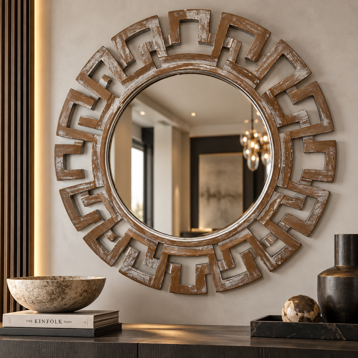 Round decorative wall mirror with a distressed brown Greek key frame, mounted on a beige wall above a console table with decorative bowls and vases.