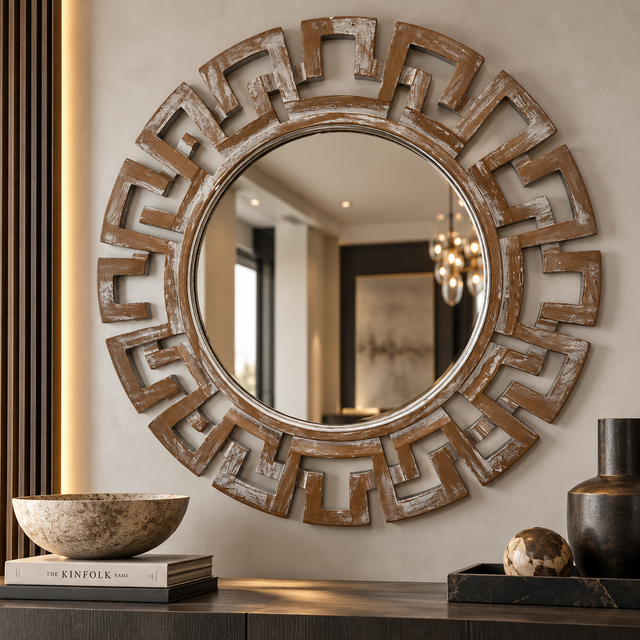Round decorative wall mirror with a distressed brown Greek key frame, mounted on a beige wall above a console table with decorative bowls and vases.