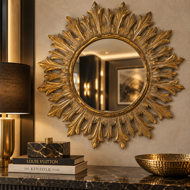 A large round sunburst wall mirror with an ornate gold leaf design, mounted on a beige wall above a dark marble console table with a lamp, books, and a bowl.