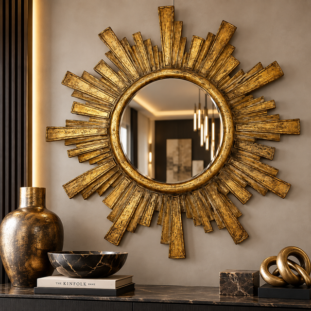 A large round sunburst wall mirror with a distressed gold frame, styled on a dark marble console table with decorative vases and books against a warm beige wall.