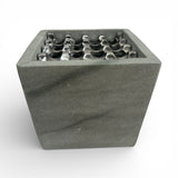 Contemporary grey marble potpourri bowl featuring a square natural stone design with a smooth matte finish and a decorative silver metal lattice lid. A refined decorative accessory ideal for coffee tables, consoles, shelves, bathrooms, or modern luxury interiors.