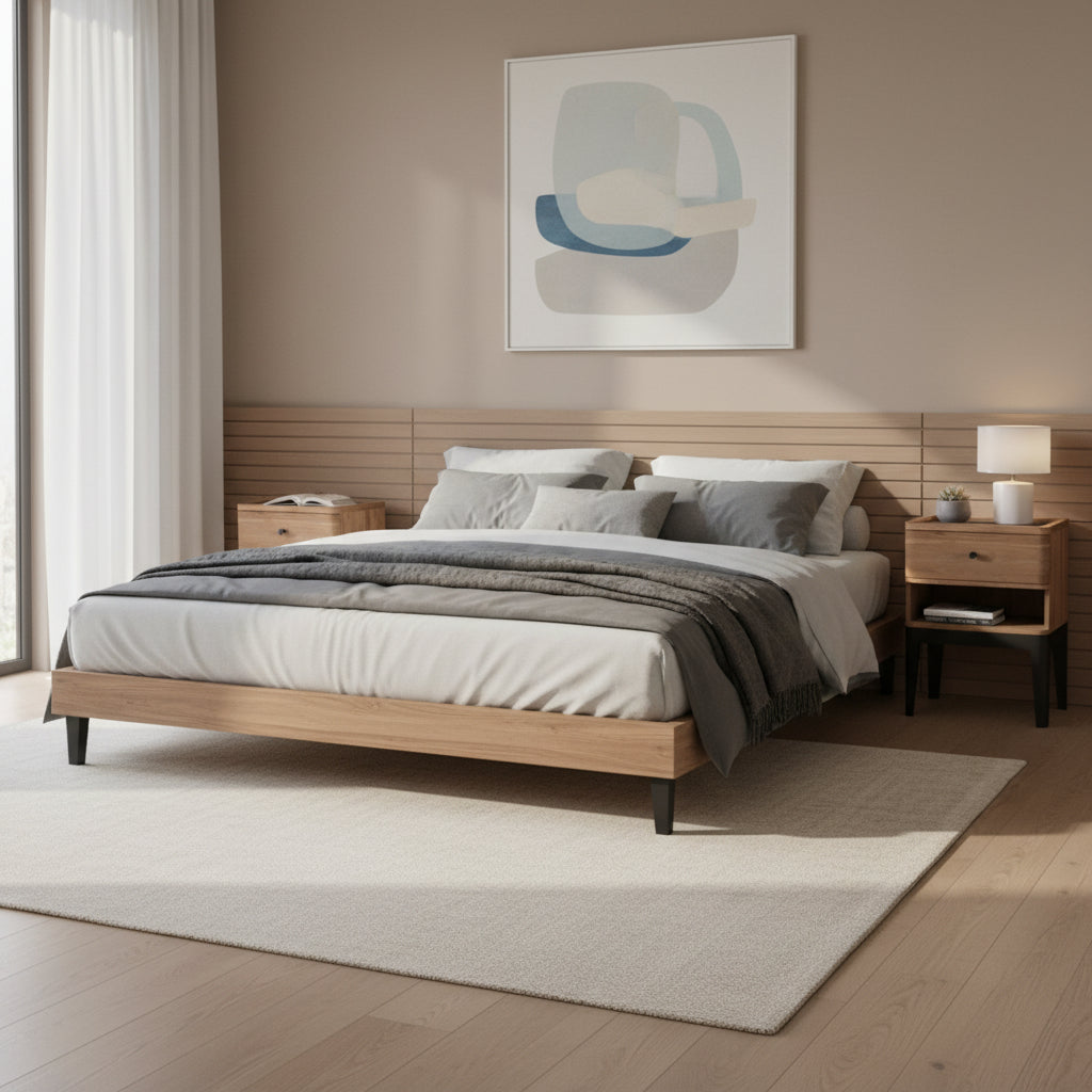Modern bedroom with wooden bed, nightstands, and abstract art on the wall.