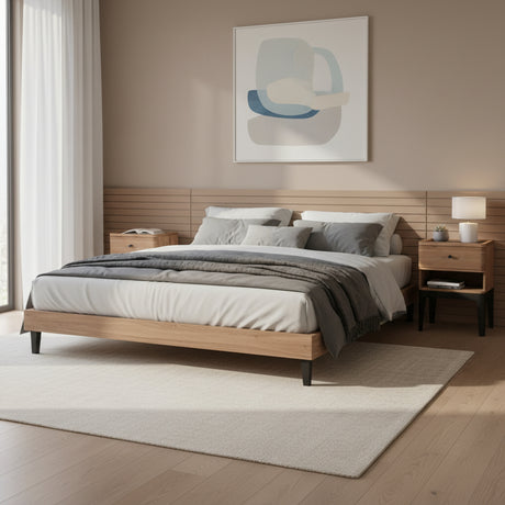 Modern bedroom with wooden bed, nightstands, and abstract art on the wall.