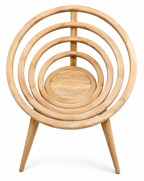 Contemporary solid teak accent chair featuring a sculptural concentric circular backrest, natural wood finish, and tapered legs. A striking statement chair for modern, luxury, and organic-inspired living spaces.