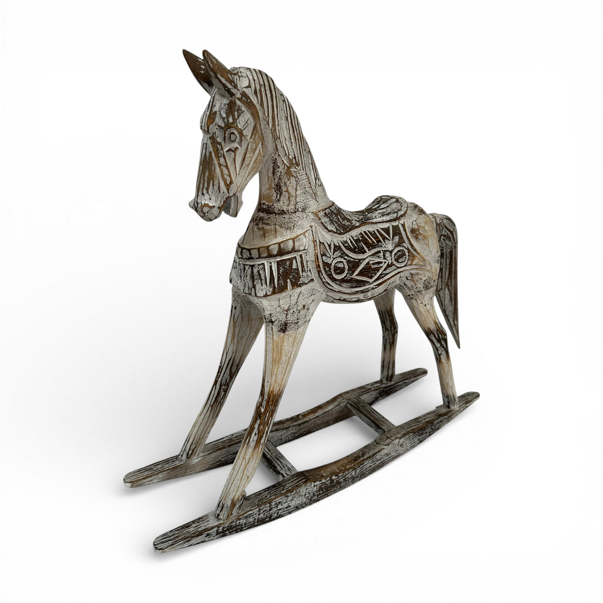 Hand-carved rustic wooden rocking horse sculpture featuring intricate carved detailing and a distressed whitewashed finish, perfect as a decorative accent for consoles, shelves, or coffee tables in classic, farmhouse, or contemporary interiors.