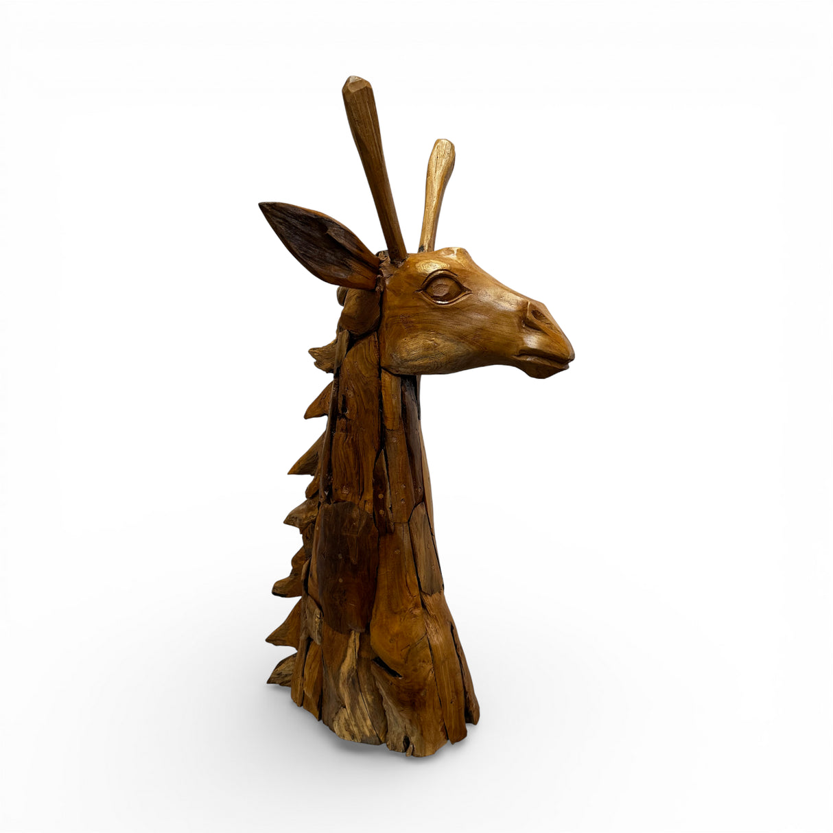 Hand-carved wooden giraffe sculpture with a natural two-tone finish, featuring detailed facial features, long ossicones, carved ears, and a rustic textured body, perfect as an African-inspired decorative accent for homes, lodges, offices, or safari-themed interiors.