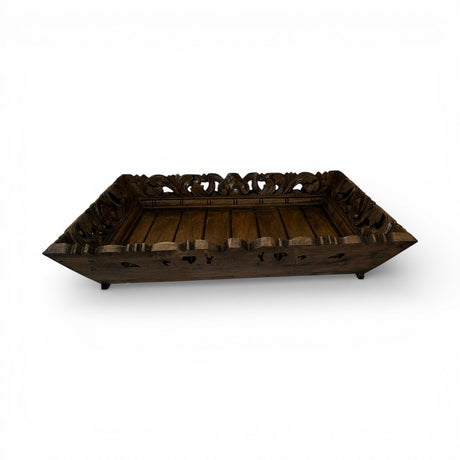 Hand-carved square wooden decorative tray in a dark walnut finish with intricate openwork detailing and raised edges. A timeless accent piece perfect for styling candles, books, vases, or serving as an elegant coffee table or console display.
