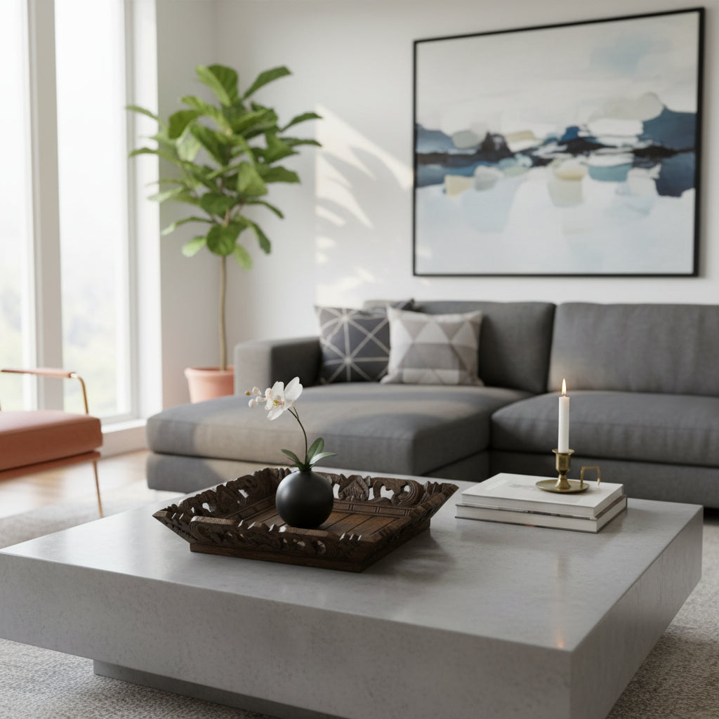 Hand-carved rectangular wooden decorative tray with intricate openwork detailing in a dark wood finish, styled on a modern coffee table with a ceramic vase. An elegant statement piece perfect for displaying decorative accents in contemporary interiors.