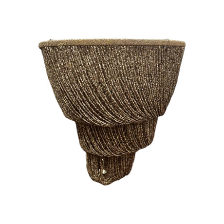 Handcrafted beaded wall planter in a warm natural brown tone, featuring intricate beadwork and a sculptural hanging design. A unique African-inspired decorative wall accent perfect for displaying faux greenery or adding texture to modern, boho, rustic, or contemporary interiors.