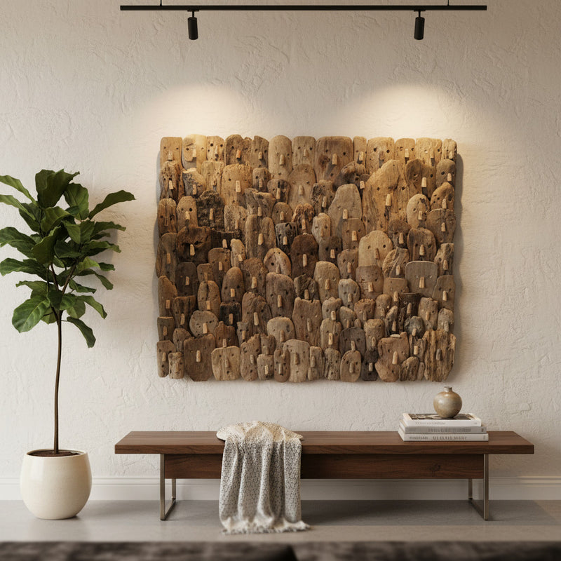 Handcrafted driftwood wall art featuring hundreds of carved abstract faces with natural wood textures and varied neutral tones. This striking African-inspired statement piece adds organic character to modern, rustic, coastal, or contemporary interiors.