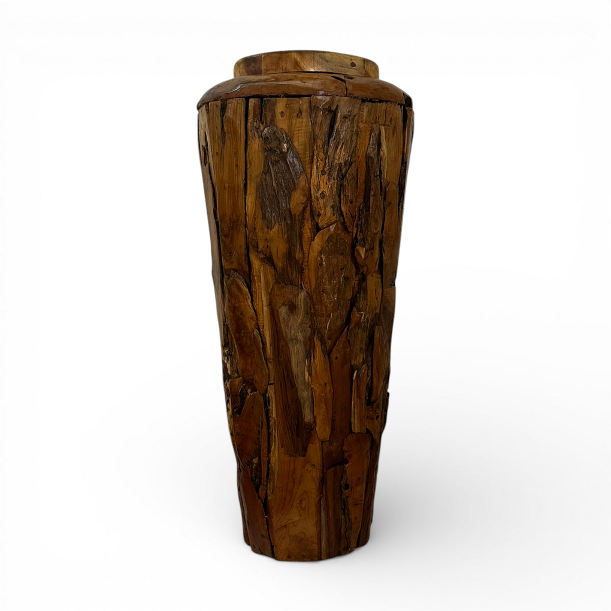 Handcrafted live edge wooden pedestal planter made from solid natural timber, featuring rich organic wood grain and a sculptural tapered design, perfect for displaying indoor plants or as a decorative accent in contemporary and rustic interiors.