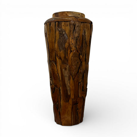 Handcrafted live edge wooden pedestal planter made from solid natural timber, featuring rich organic wood grain and a sculptural tapered design, perfect for displaying indoor plants or as a decorative accent in contemporary and rustic interiors.