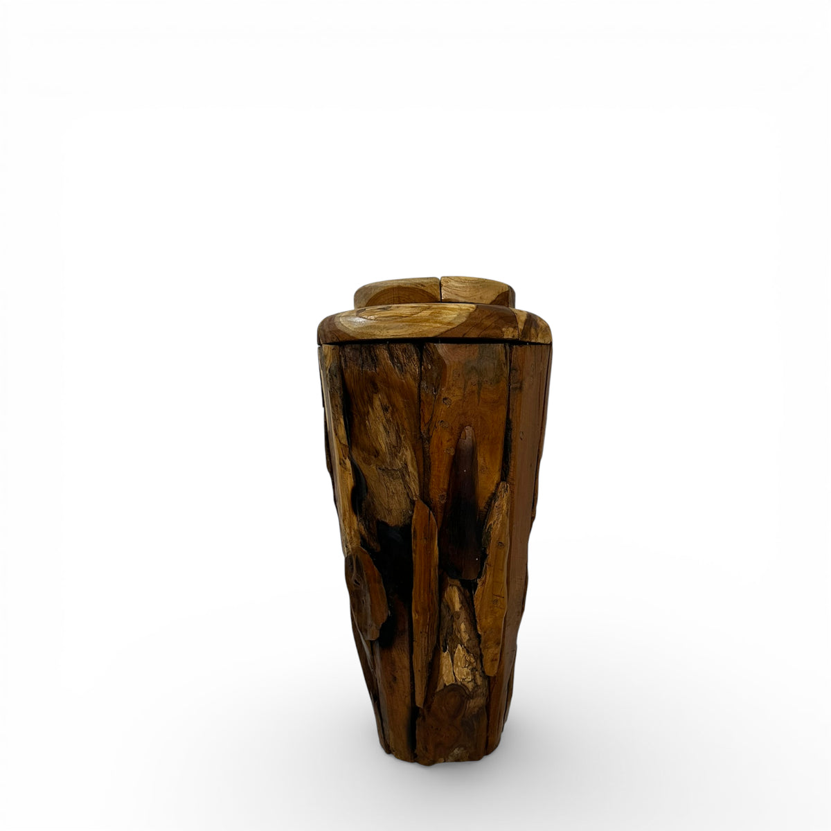 Handcrafted live edge wooden pedestal planter made from solid natural timber, featuring rich organic wood grain, natural knots, and a sculptural tapered design, perfect for displaying indoor plants or as a decorative statement piece.