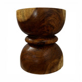 Handcrafted sculptural side table crafted from solid teak wood, featuring a smooth rounded tabletop and an elegant hourglass pedestal base that highlights the rich natural wood grain. A timeless statement piece perfect for living rooms, bedrooms, boutique hotels, lodges, or contemporary luxury interiors.