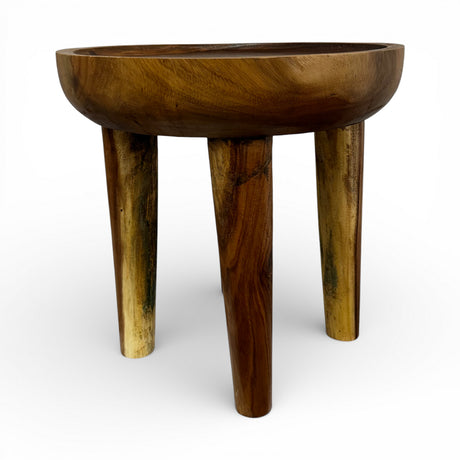 Handcrafted round side table made from solid natural wood, featuring a raised tray-style tabletop and three sturdy tapered legs with a warm timber finish. Perfect as an accent table, bedside table, or decorative piece for living rooms, bedrooms, boutique hotels, or contemporary interiors.