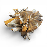 Handcrafted coffee table carved from a natural teak root, showcasing an organic freeform tabletop with exposed grain, knots, and sculptural root detailing. A one-of-a-kind statement piece perfect for living rooms, lodges, luxury homes, or nature-inspired interiors.