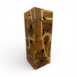Handcrafted display pedestal made from solid teak wood blocks, featuring a striking patchwork design that showcases the natural grain, knots, and warm timber tones of each piece. Ideal for displaying sculptures, vases, plants, or decorative accessories in living rooms, entryways, galleries, boutique hotels, or contemporary rustic interiors.
