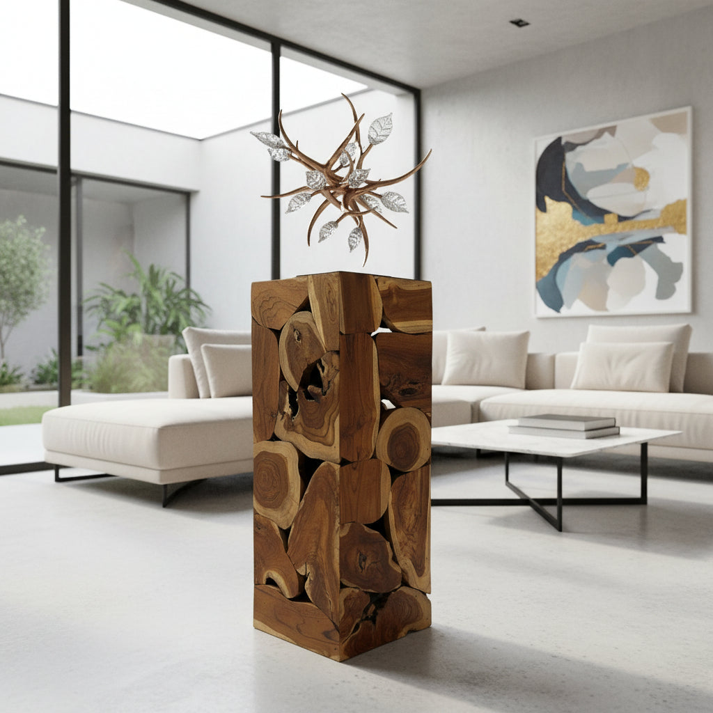 Handcrafted decorative pedestal crafted from solid teak wood blocks, showcasing the natural grain, knots, and organic character of the timber. Topped with a contemporary metal sculpture, this rustic-modern plinth is ideal for displaying art, vases, or decorative objects in living rooms, entryways, boutique hotels, galleries, or luxury interiors.