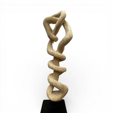 Handcrafted abstract sculpture carved from solid natural wood, featuring an elegant interwoven twisting ribbon design mounted on a black display stand. This contemporary statement piece brings organic artistry and sculptural elegance to living rooms, offices, boutique hotels, or luxury interiors.
