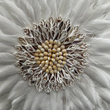 Handcrafted Juju wall décor featuring layers of soft white feathers with a decorative seashell-inspired centre, creating a luxurious statement piece with natural texture and elegance. Perfect for living rooms, bedrooms, boutique hotels, entryways, or contemporary and coastal-inspired interiors.