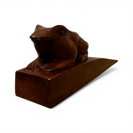Handcrafted wooden frog door stop with a rich natural finish, designed to keep doors securely open while adding a charming decorative touch to modern, rustic, farmhouse, or nature-inspired interiors.