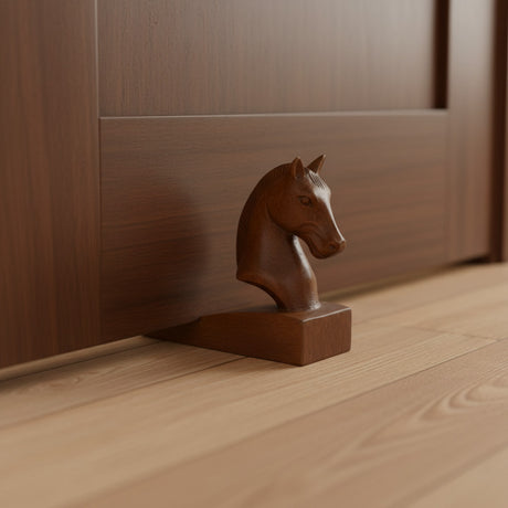 Handcrafted wooden horse head door stop featuring a beautifully carved horse silhouette with a rich natural wood finish. This decorative door wedge blends functionality with timeless equestrian style, making it ideal for modern, rustic, farmhouse, or country-inspired interiors.