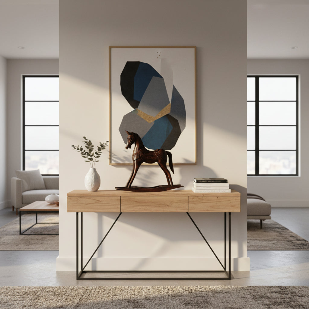 Handcrafted wooden horse sculpture with a rich dark wood finish, styled on a modern oak console table beneath abstract wall art, adding timeless elegance and artisanal character to contemporary interiors.