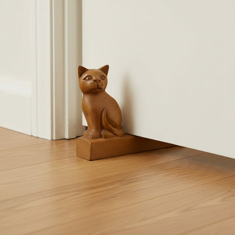 Handcrafted wooden sitting cat door stop with a smooth natural wood finish, positioned beneath a door. This decorative door wedge offers both functionality and timeless charm, making it perfect for modern, rustic, farmhouse, or animal-inspired home décor.