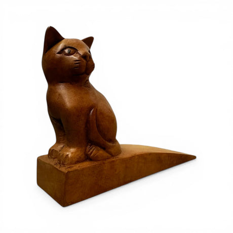 Handcrafted wooden sitting cat door stop featuring a beautifully carved feline with a rich natural wood finish. This decorative door wedge combines practical functionality with timeless charm, making it ideal for modern, rustic, farmhouse, or animal-inspired home décor.